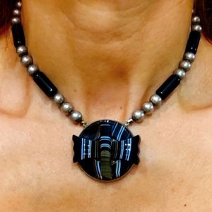 Vintage 1980s Artisan Sterling Silver & Glass Beaded Necklace